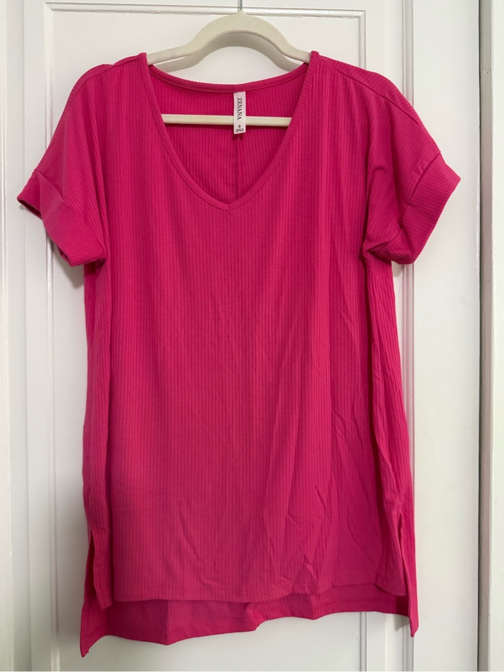 Zenana Outfitters Ribbed V-Neck Short Sleeve Top - Hot Pink